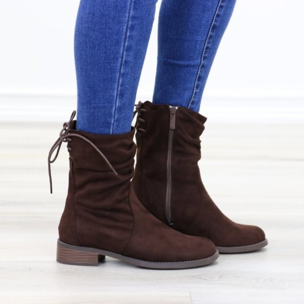 Brown Round Toe Suede Ankle Booties With Lace Back - Picture 3 of 15
